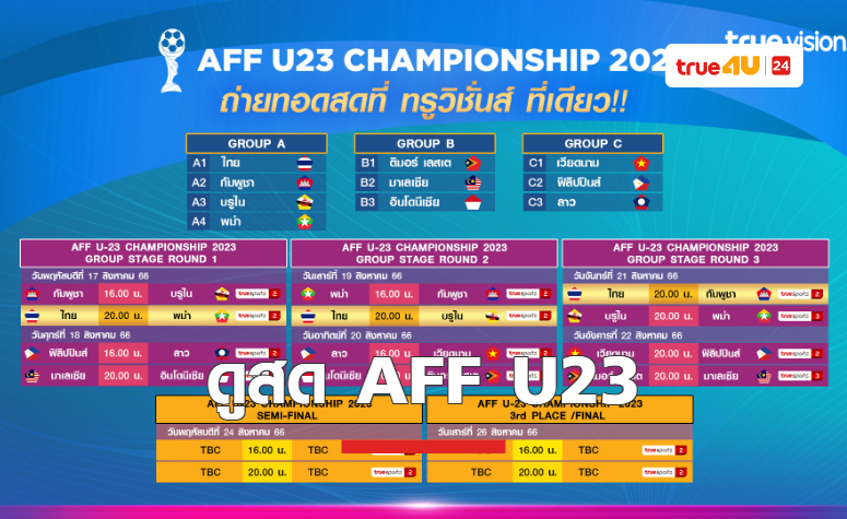 17 ส.ค. นี้ !!!  ทรูวิชั่นส์ และ ทรูวิชั่นส์ นาว พร้อมยิงสด ครบทุกคู่ AFF U23 Championship 2023